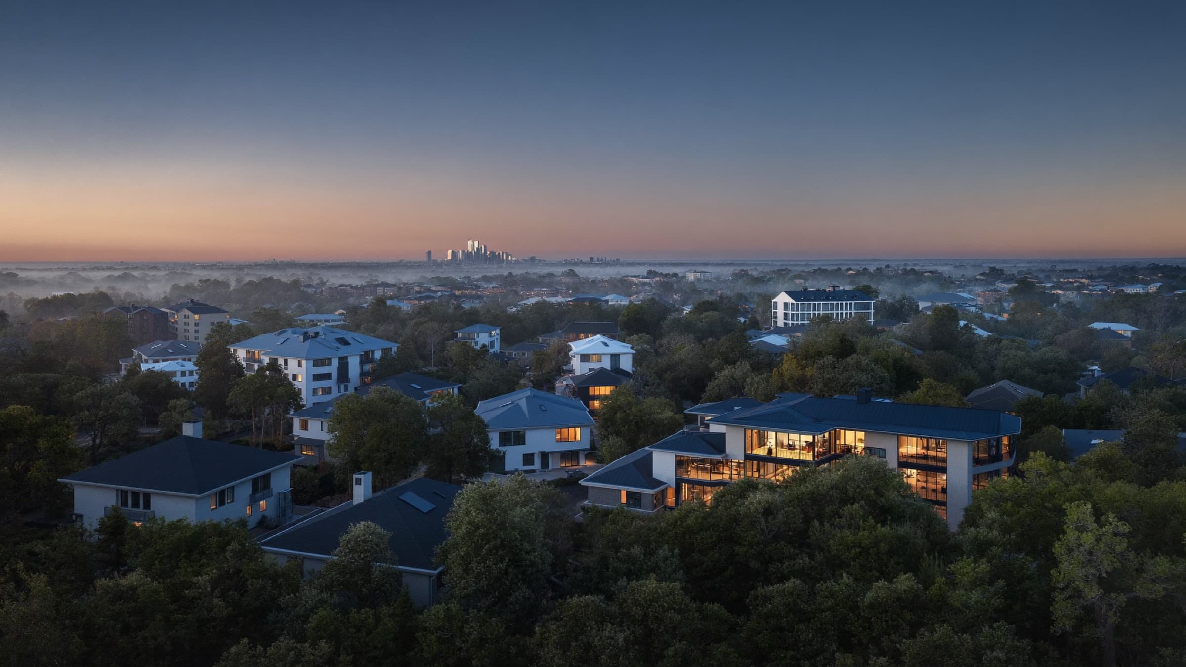 Atlanta neighborhood aerial at dusk