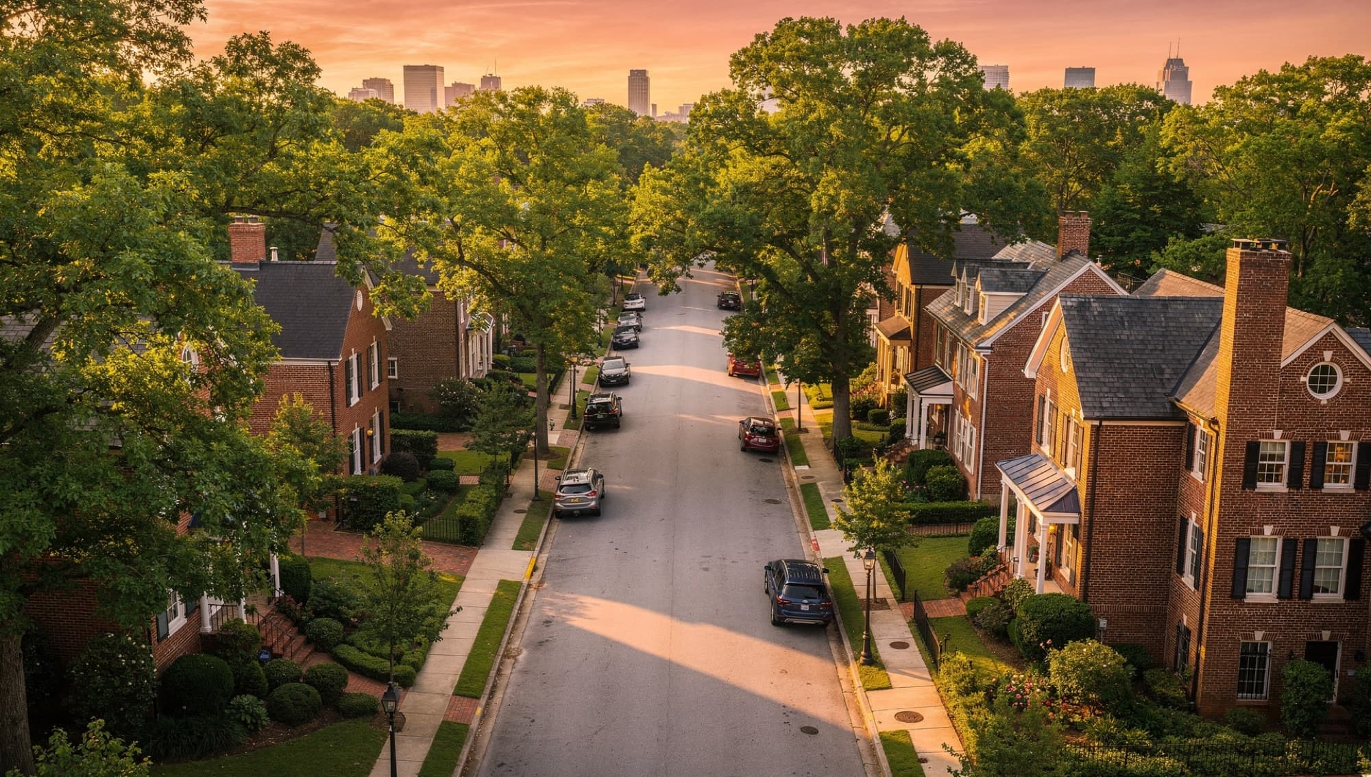 A tree-lined Atlanta street at sunset