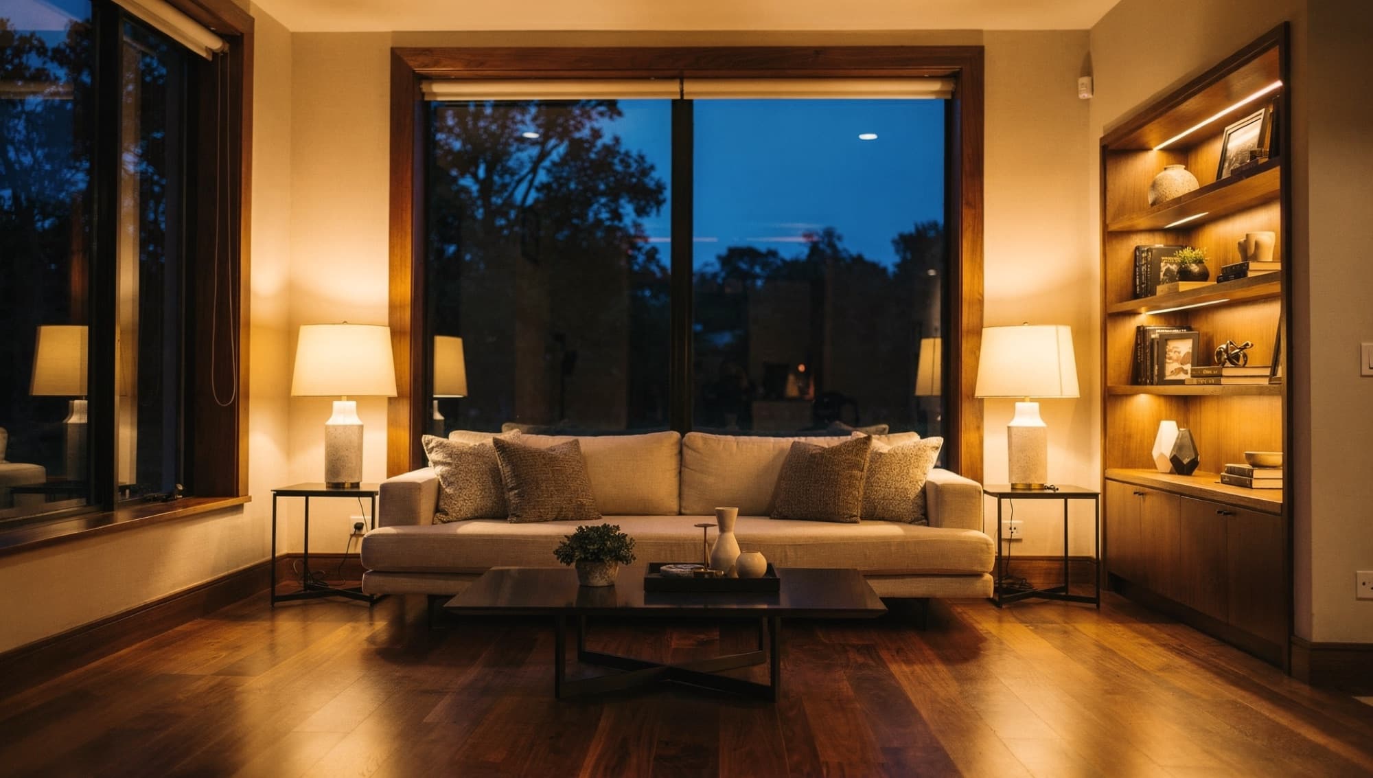 Warm lamp-lit interior of a Bell Acquisitions property at dusk