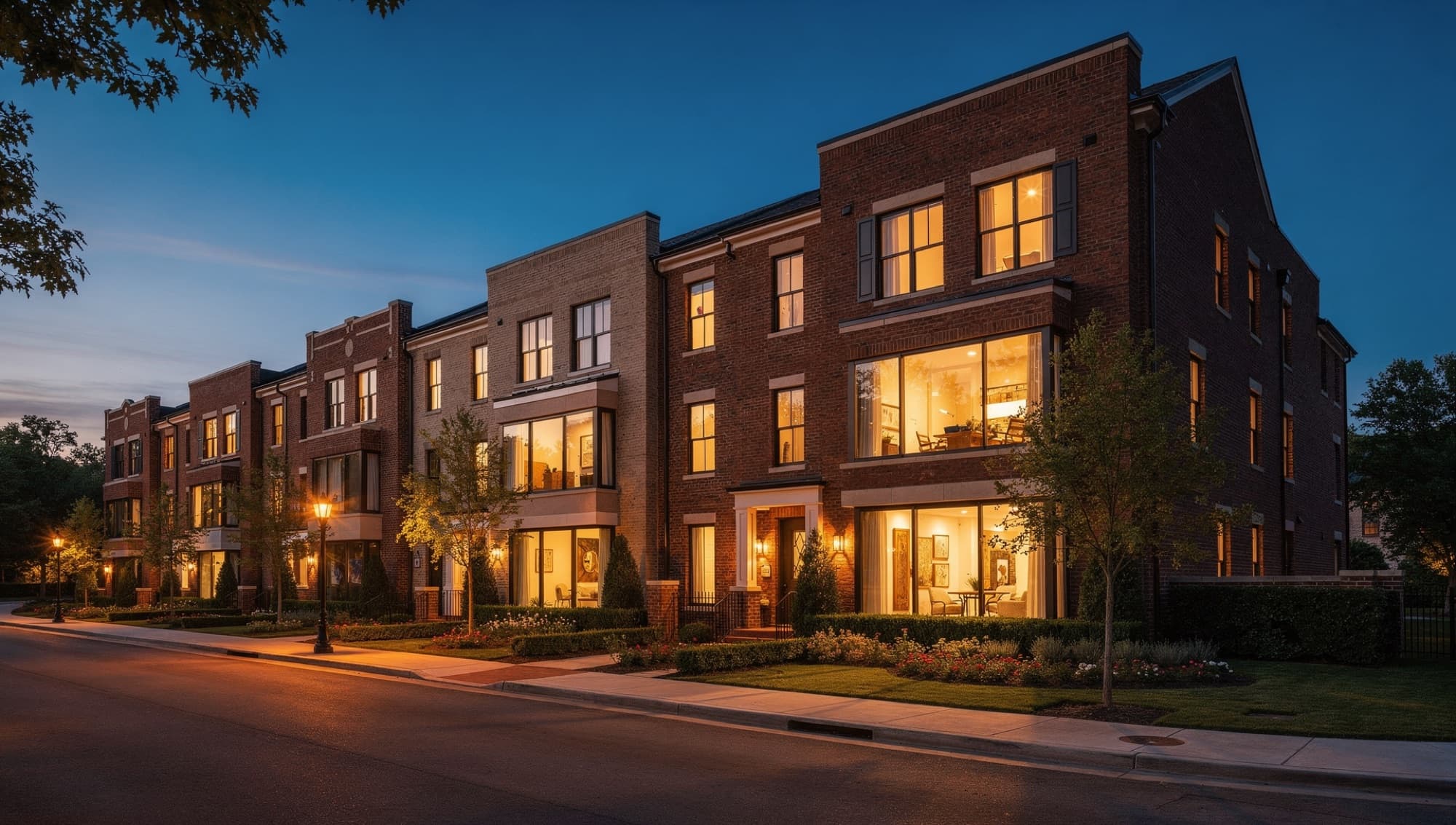 A row of renovated Atlanta townhomes at twilight